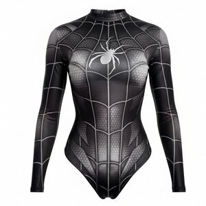 New Small Black Spider Web Long Sleeve Bodysuit Spiderman Superhero Costume
